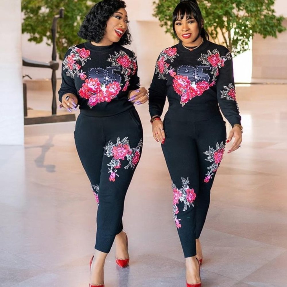 2 pcs Beaded Sweater Tracksuit Set